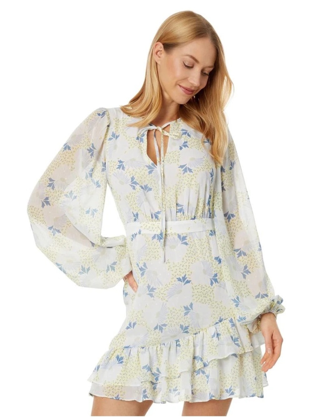 Ted Baker London Pale Blue & Cream Floral Tie-Neck Mini Dress Brand New size 0